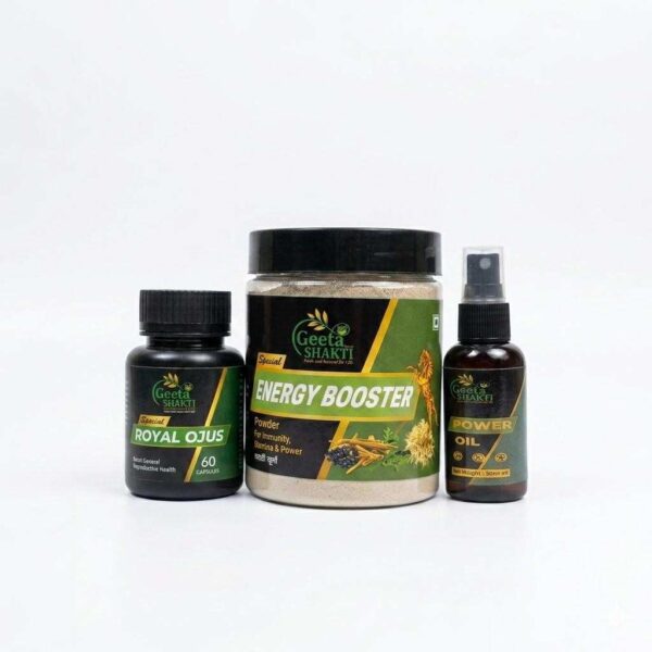 Geeta Shakti Energy Booster Combo Pack | Royal Ojus 60 Capsules + Energy Booster Powder 300g + Power Oil 30ml