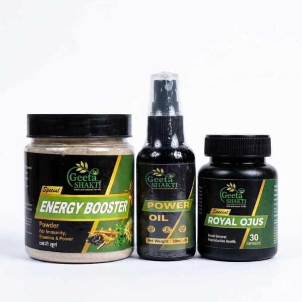 Geeta Shakti Energy Booster Combo Pack | Royal Ojus 30 Capsules + Energy Booster Powder 100g + Power Oil 30ml